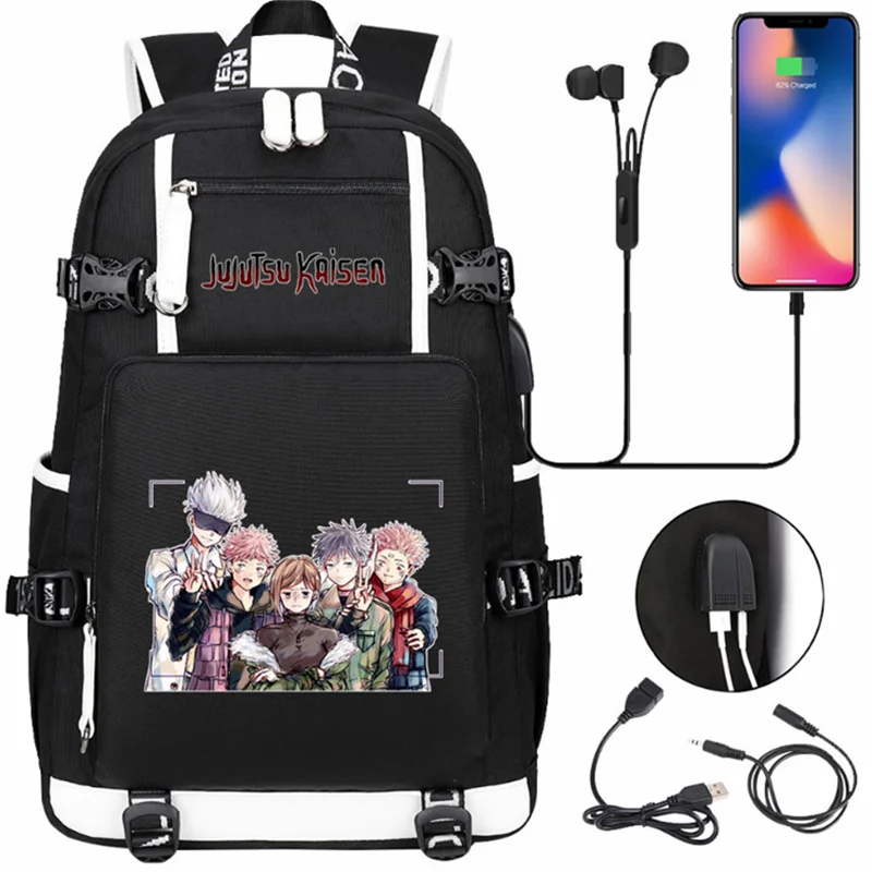 

Jujutsu Kaisen Print Backpacks Teenarges Schoolbag Anime Men Women Causal USB Charge Port Laptop Outdoor Bags Black Mochila