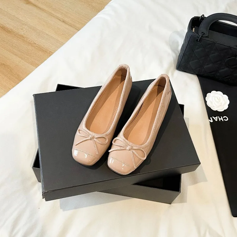 Women's Shoes Temperament Square Head Shallow Mouth Single Shoes 5cm Internal Height Increasing Small Leather Shoes Ballet Flats