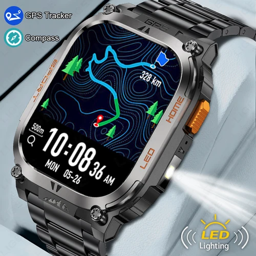 LIGE nuevo reloj inteligente con seguimiento GPS linterna LED pantalla HD de 1,96 pulgadas brújula BT llamada impermeable reloj inteligente deportivo para Android iOS