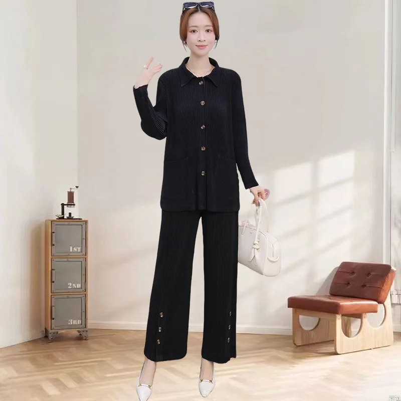 

Miyake плиссированный брючный костюм, осень 2022, новый плиссированный однобортный топ с лацканами, прямые брюки, повседневный темпераментный костюм, женская одежда