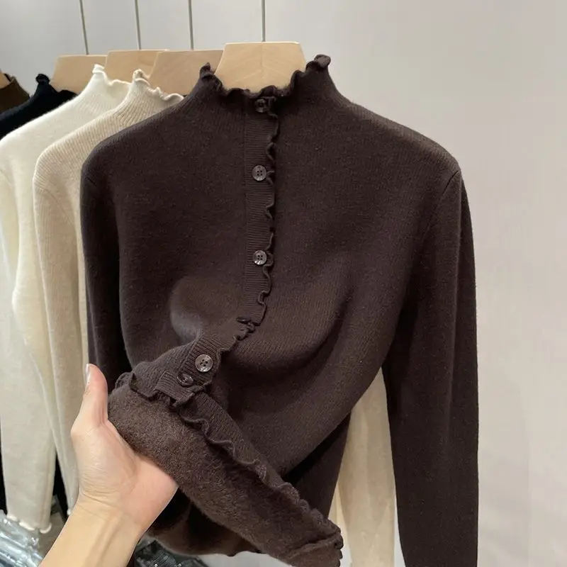 Winter Versatile  Cardigan Thickened Solid Color Slim-fit Integrated Fleece Knitted Sweater Winter Fleece Warm Sweater