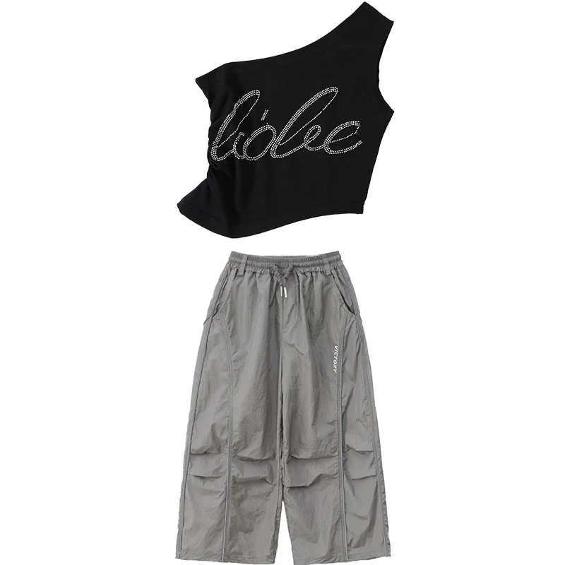 Traje de baile de Jazz para niñas, ropa de actuación de moda, grupo de baile Kpop, trajes de Hip Hop, pantalones superiores negros de verano, trajes de baile callejero