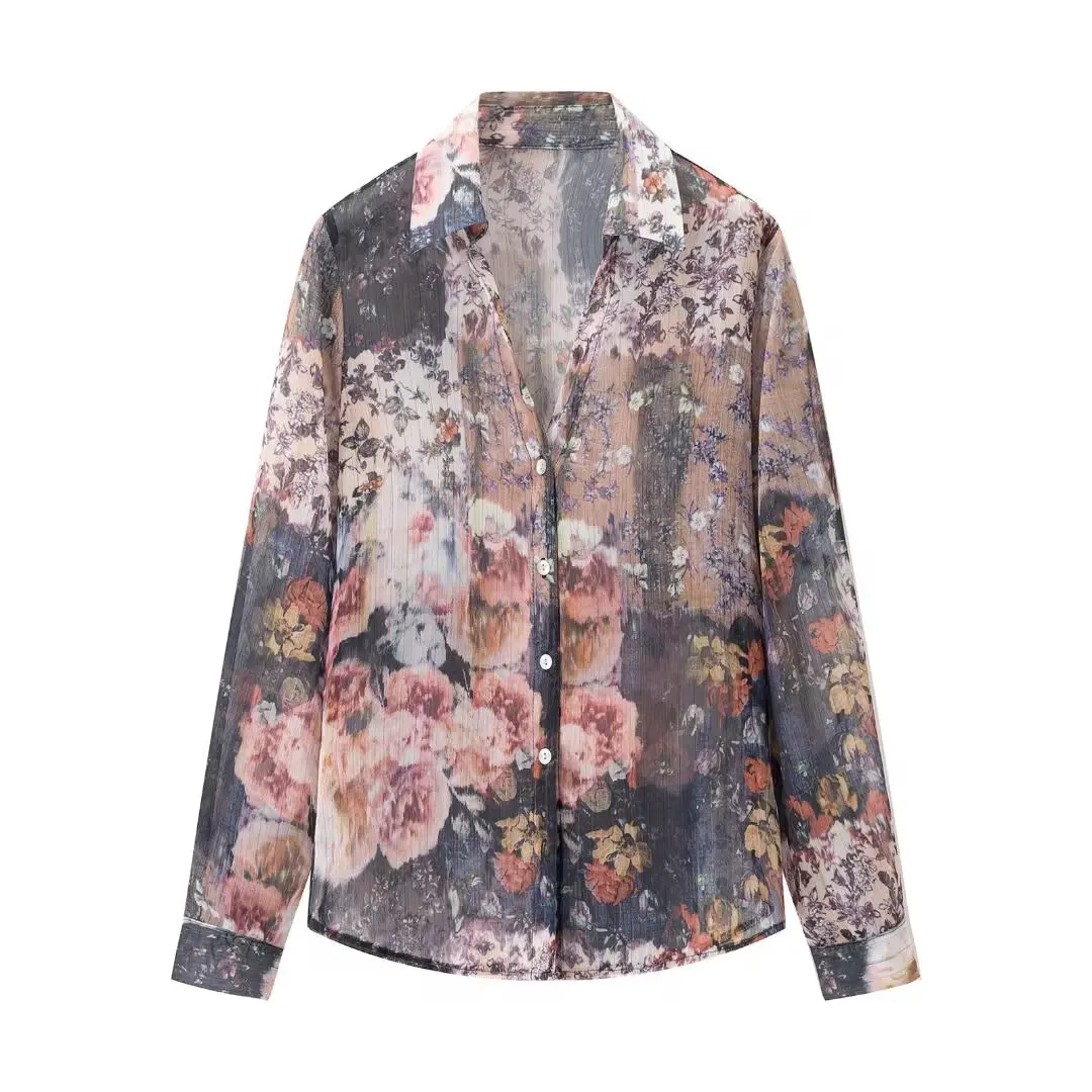

ZBZR Spring New Women's Faion Metal Color Line Print Long Sve Turn-down Collar irt Casual Comfortable Polyester Fiber