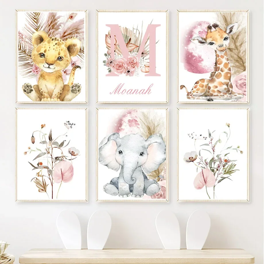 Wall Art Prints Lion Giraffe Elephant Koala Kangaroo Dog Custom Name Canvas Painting Posters Wall Pictures Kids Room Decor