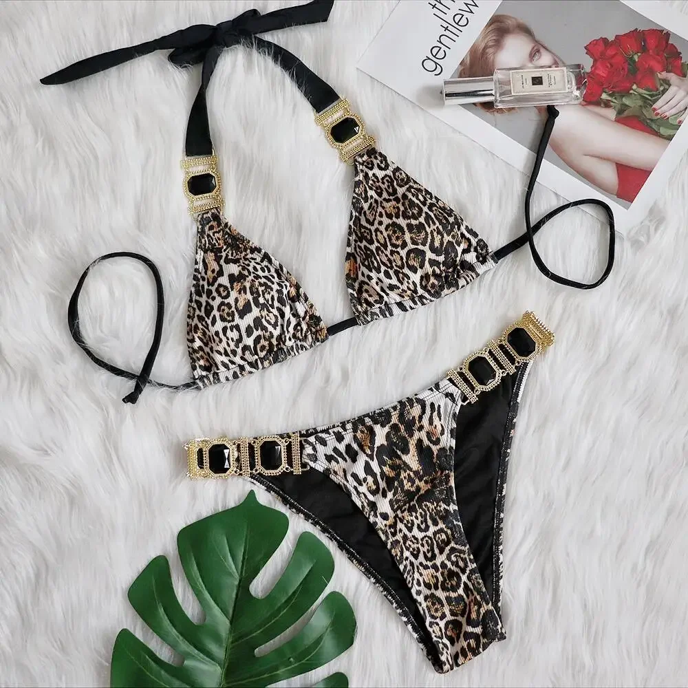 Bikini 2024 Sexy Leopard Diamond Chain Swimwear Swimsuit Women Halter Bikinis Set Bathing Suit Beach Bikini Luxe Female Push Up