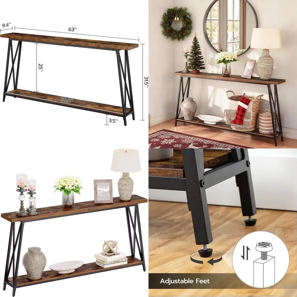 

Промышленный консольный столик 63, с X-образной рамой для прихожей, прихожей и гостиных в коричневой отделке в деревенском стиле.