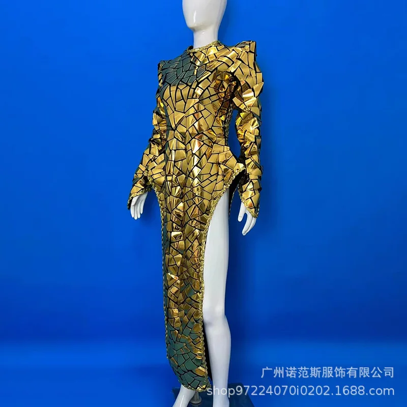 Robe de luxe à paillettes dorées, jupe Sexy à fourche haute, réunion annuelle, atmosphère digne, robe d'hôte, modèle Catwalk Chic, robes à paillettes