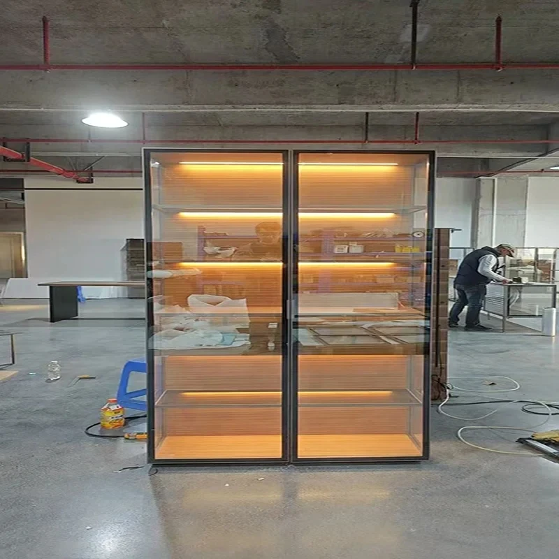 custom.Luxury Designer Glass Door Walnut Tall Cabinet with Sensor LED Liquor Display & Wine Cabinet, Customizable Living Room St