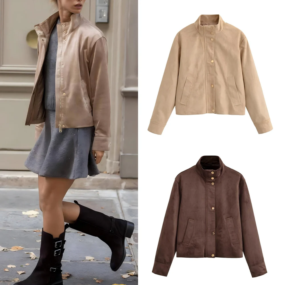 

Women's new fashion casual stand collar single breasted suede jacket Coat retro long sleeved pocket women's Coat chic top