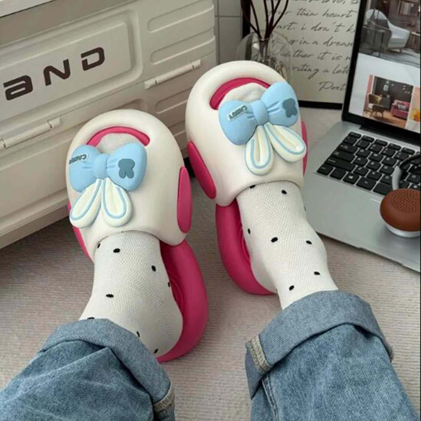 

Cute Butterfly Knot Rabbit Ear Slippers for Women 2026 Summer Casual Non Slip Home Sandal 4cm Thick Bottom Beach Shoes