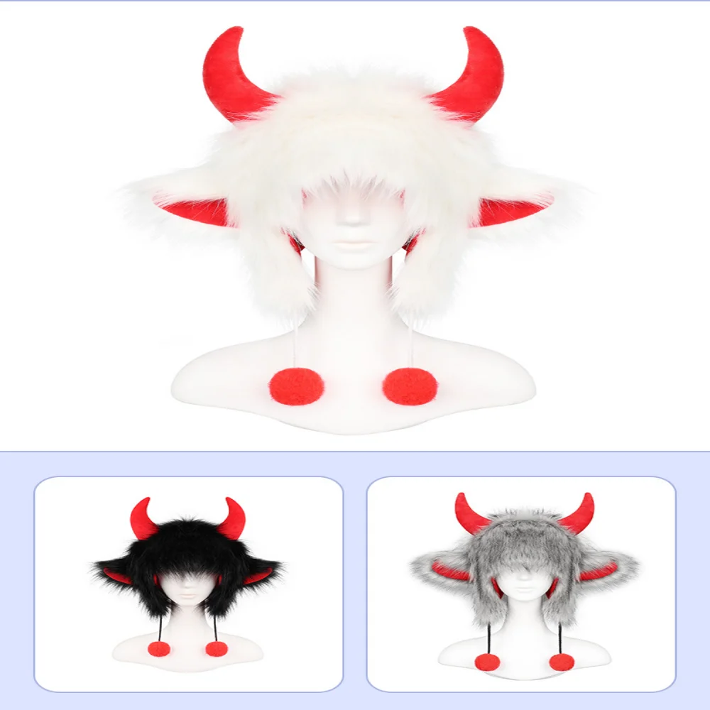 

Кепка с рогом быка, теплая плюшевая шапка с черным рогом, шапка с ушками, коралловый флис, зимняя теплая шапка для зимних прогулок, активного отдыха для мужчин