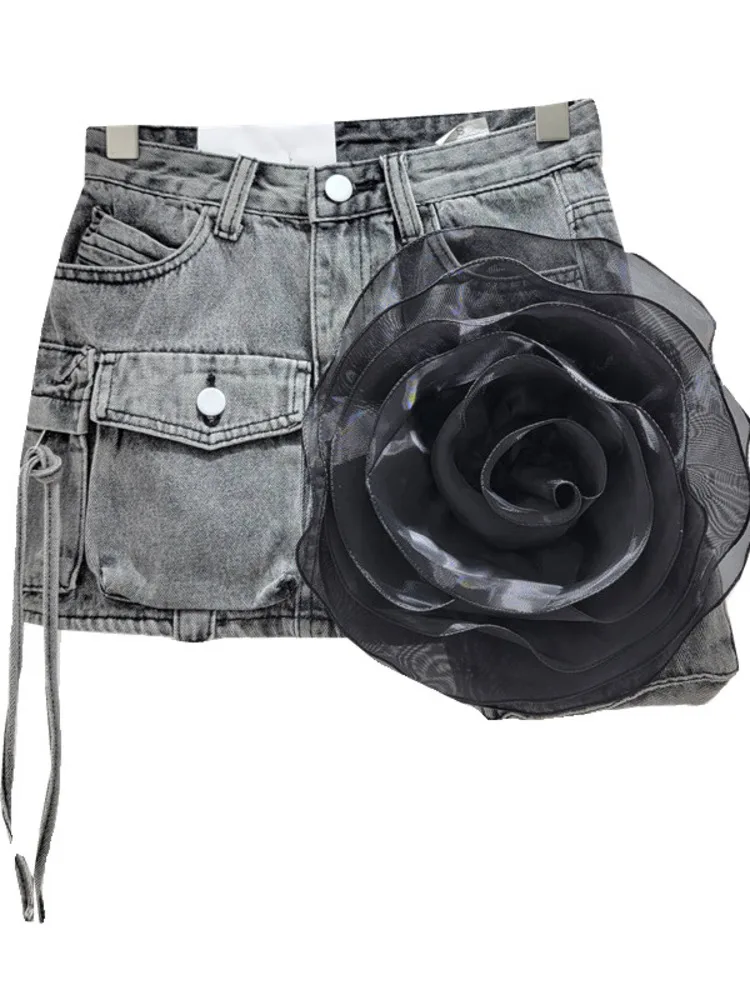 

Women's Flower Pocket Design Denim Skirt A-line Fashion Irregular Blue Gray White Short Skirts 2024 Spring Summer X848