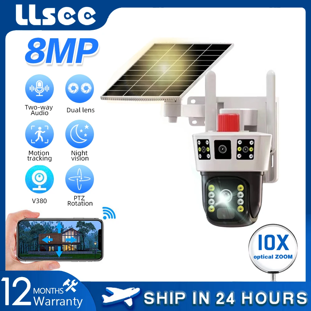 LLSEE V380,Solar powered camera,4K dual lens,10X,CCTV,outdoor security network camera,wireless WIFI camera,IP waterproof camera