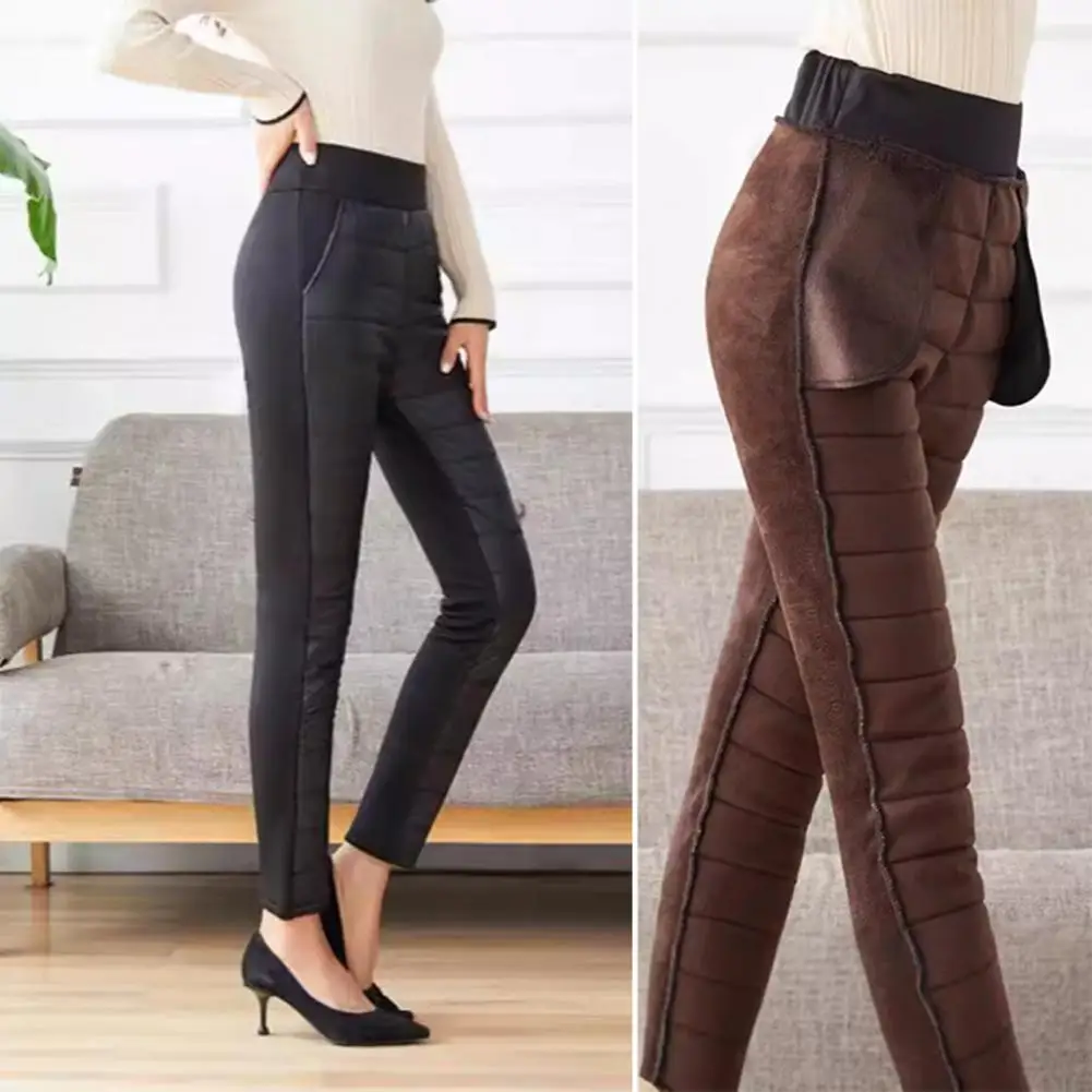 Fleece-lined Pants Quilted Cotton Pants for Women with High Waist Straight Leg Pockets Stylish Patchwork Color Design Thick Warm