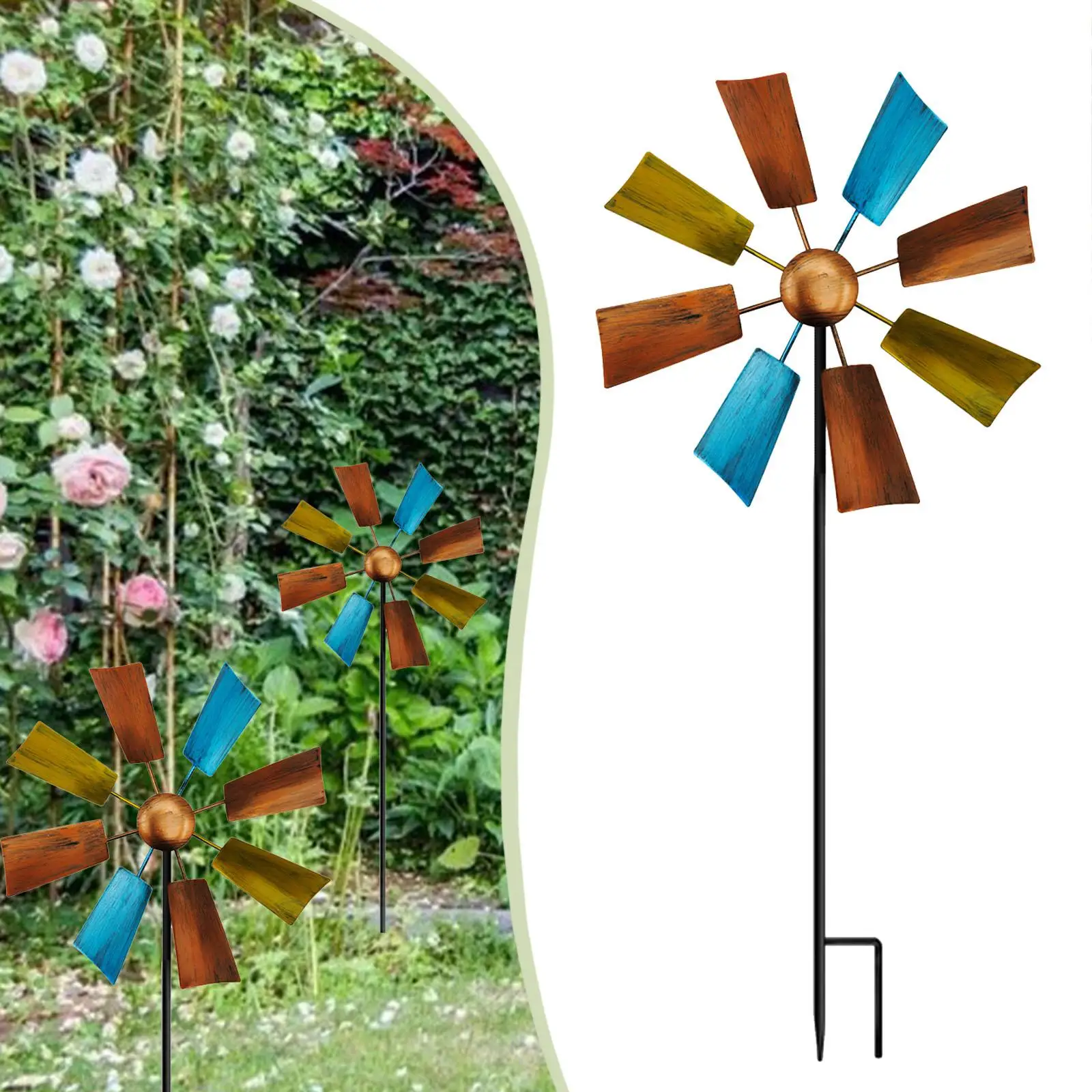 Wind Windmill Flower Shaped Iron Garden Wind Spinner Outdoor Yard Ornament for Garden Decoration Grounds