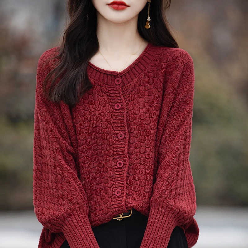 Spring Cotton Cardigan Sweater Women O-neck Lantern Long Sleeve Top Korean Style New In Outerwears Mujer Oversized Loose Clothe