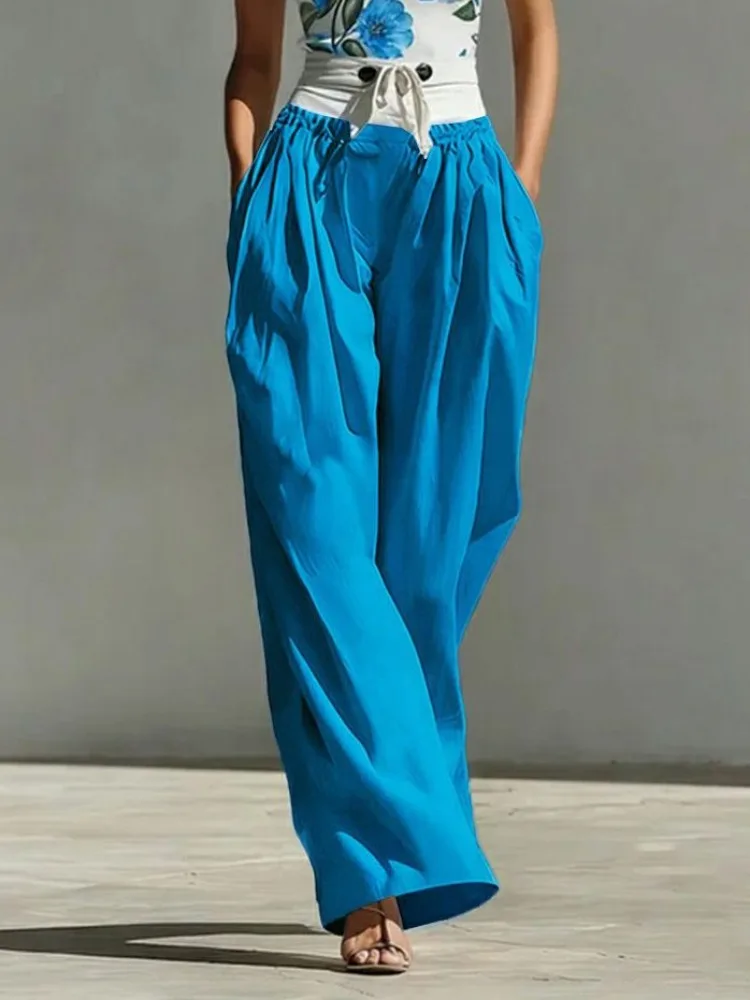 Yeezzi Women's Fashion Patchwork Tied Waist High Waisted Wide Leg Matching Pants Loose Pockets Casual Palazzo Trousers Bottoms
