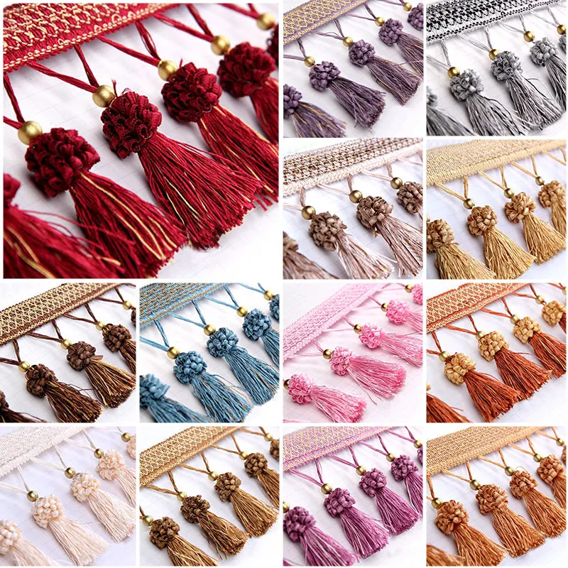 

100cm Fringe Trim with Pom Pom Tassel Crystal Beads Lace Ribbon for Curtain Cushion Tablecloth Sewing DIY Crafts Upholstery Deco