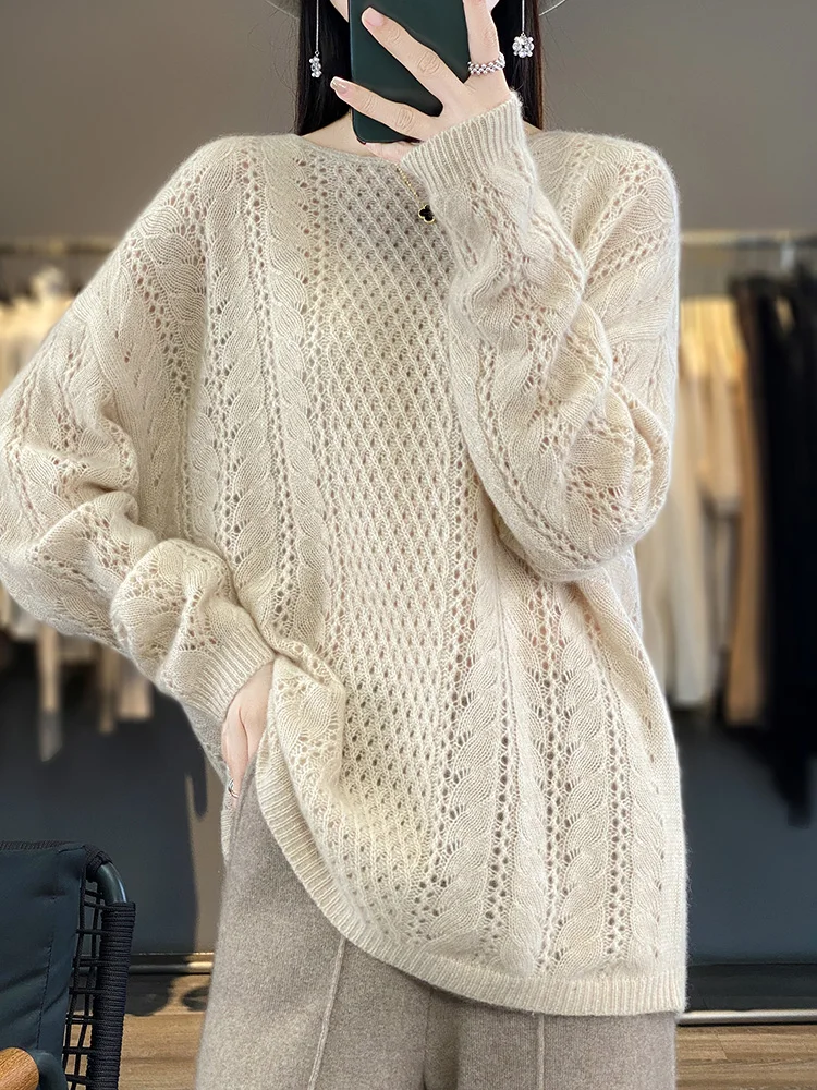 

Women Hollow Out Sweater O-neck Pullover 100% Merino Wool Knitwear Loose Twist Flower Batwing Sleeve Chic Cashmere Spring Autumn