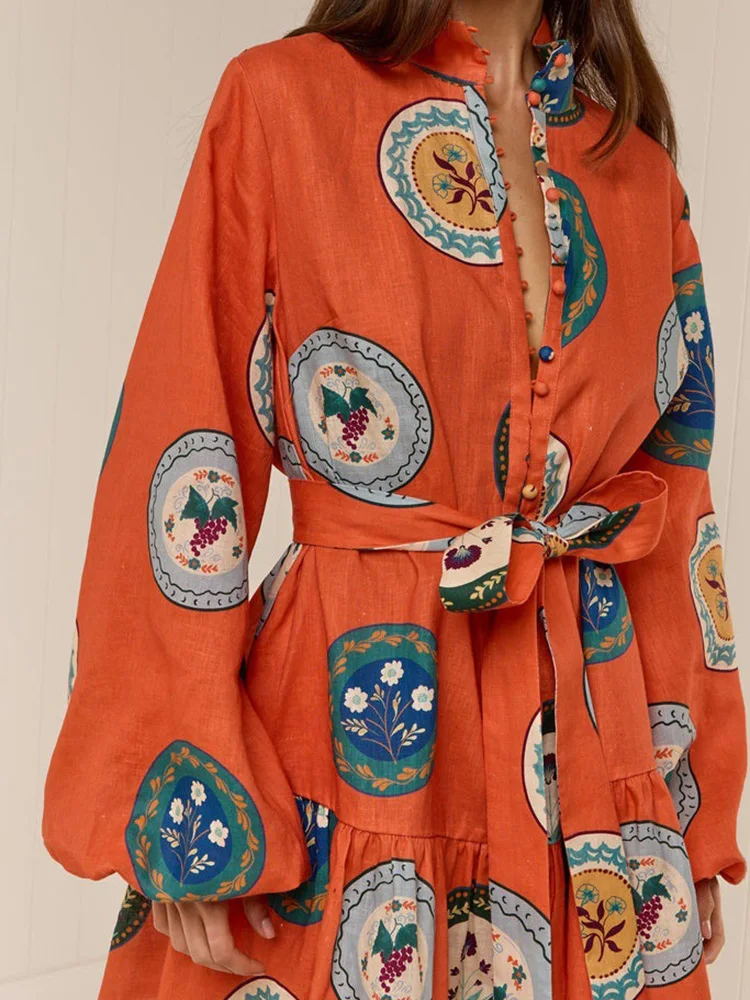 New Autumn Lantern Long Sleeve Boho Dress Vintage Pattern Print Lace-up Women Party Dress Spring Stand Collar Button Shirt Dress