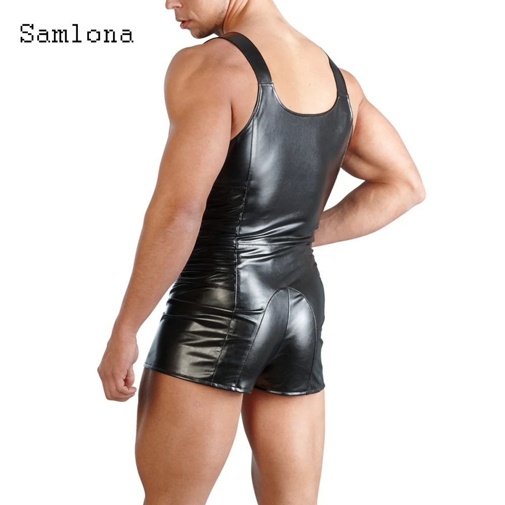 Mens Faux Leather Erotic Tank Top Sleeveless Fetish Costume Playsuits Men Fashion Zipper Up Vest Clothing 2023 Sexy Pu Bodysuits