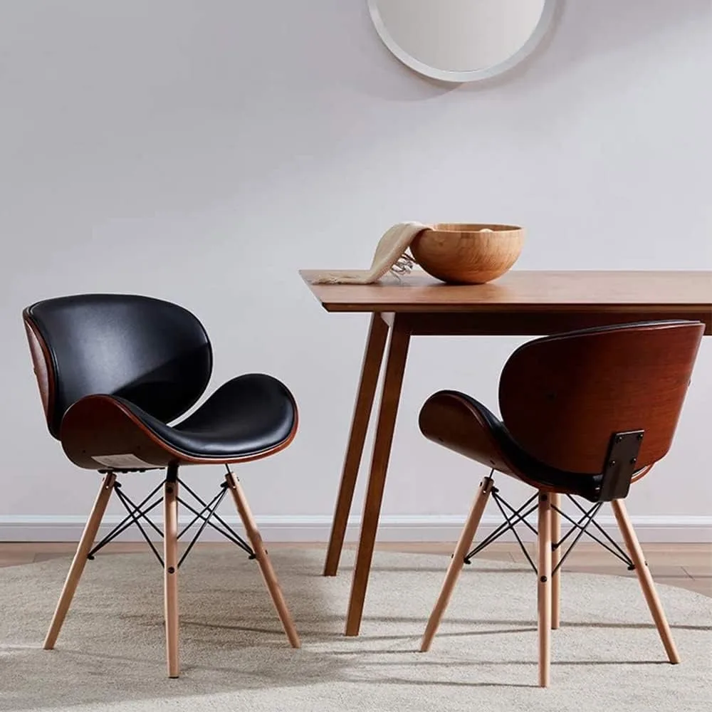 Pair of Mid-Century Modern Dining Chairs: Upholstered Faux Leather, Walnut-Tone Curved Back, Contemporary Kitchen Dining Accent