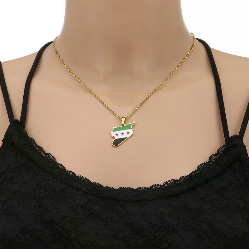 Women Men Stainless Steel Syria Map Flag Pendant Necklaces Fashion Syrians Map Chain Jewelry Hip-Hop Necklace Decoration