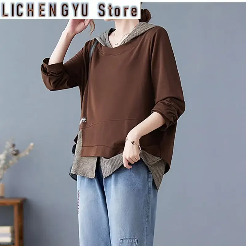 Fashion Fake Two Pieces Plaid Embroidery Hooded Sweatshirts Women Clothing Autumn New Loose Korean Tops Casual Sweatshirts