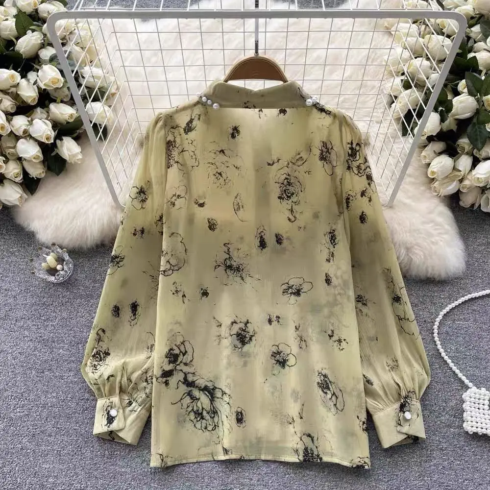 Luxury High-end Floral Long-sleeved Chiffon Shirt Female Spring Autumn New Fashion Versatile Pointed Collar Loose Holiday Shirt