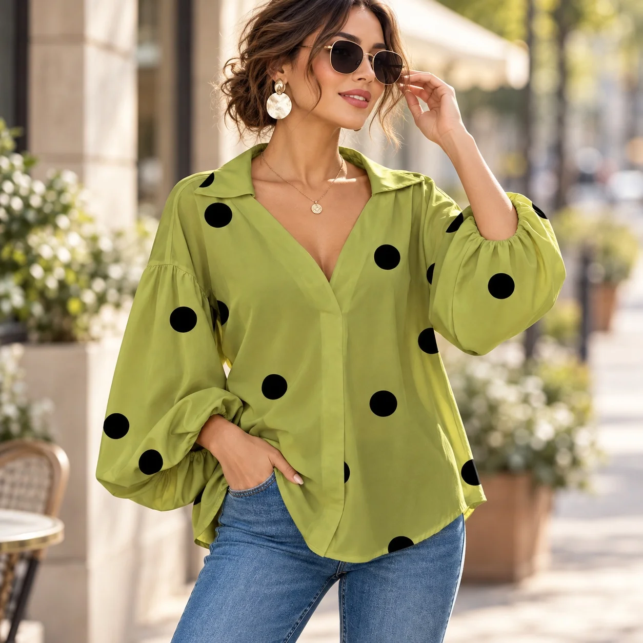 Polka Dot Top Loose Fit Regular Length Commuter Chic with Elegant No Button Closure Three Dimensional Cutting Tops for Women
