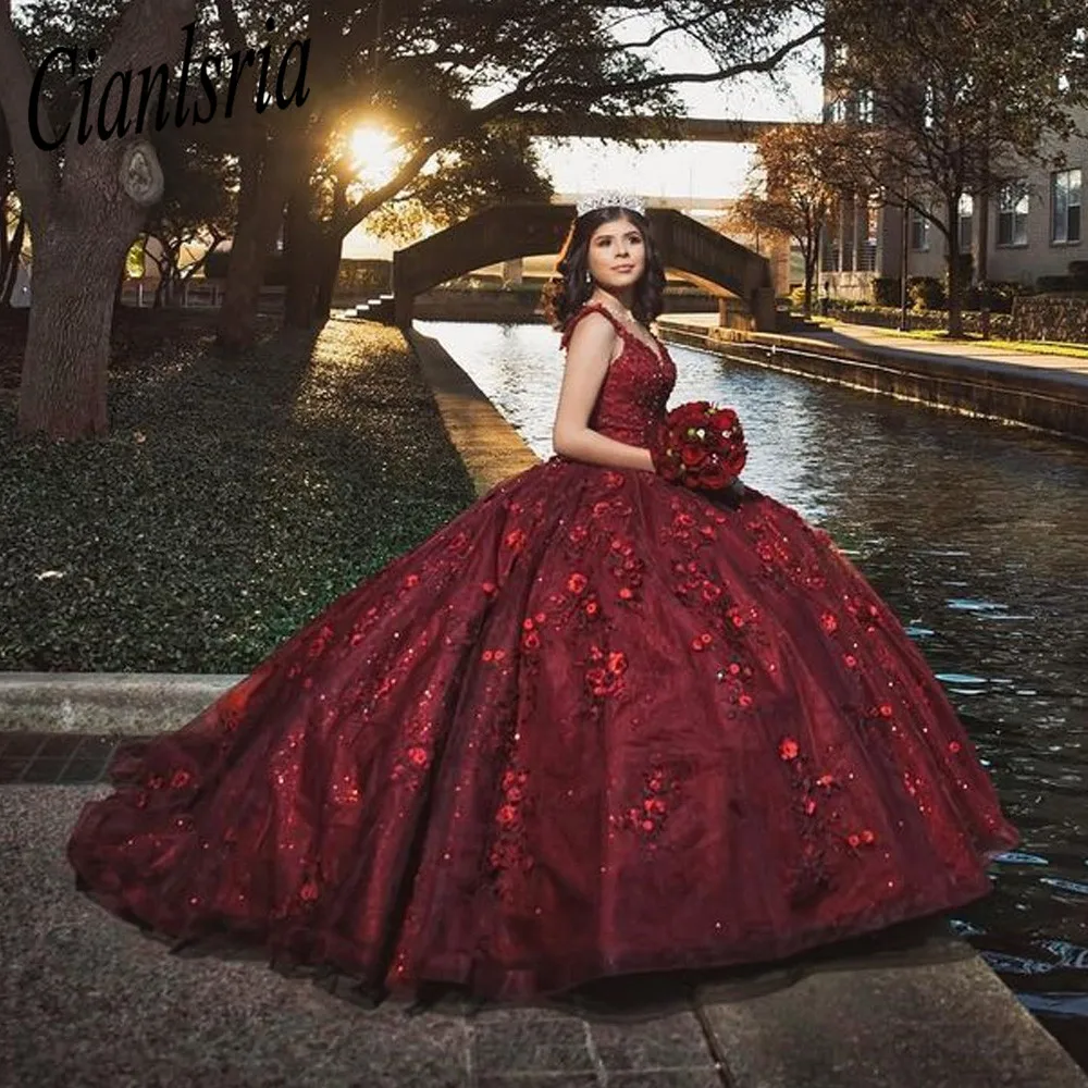 赤ビーズ夜会服quinceaneraのドレス3Dアップリケスウィート16ドレスvestidoデ15各公報anos quinceañera