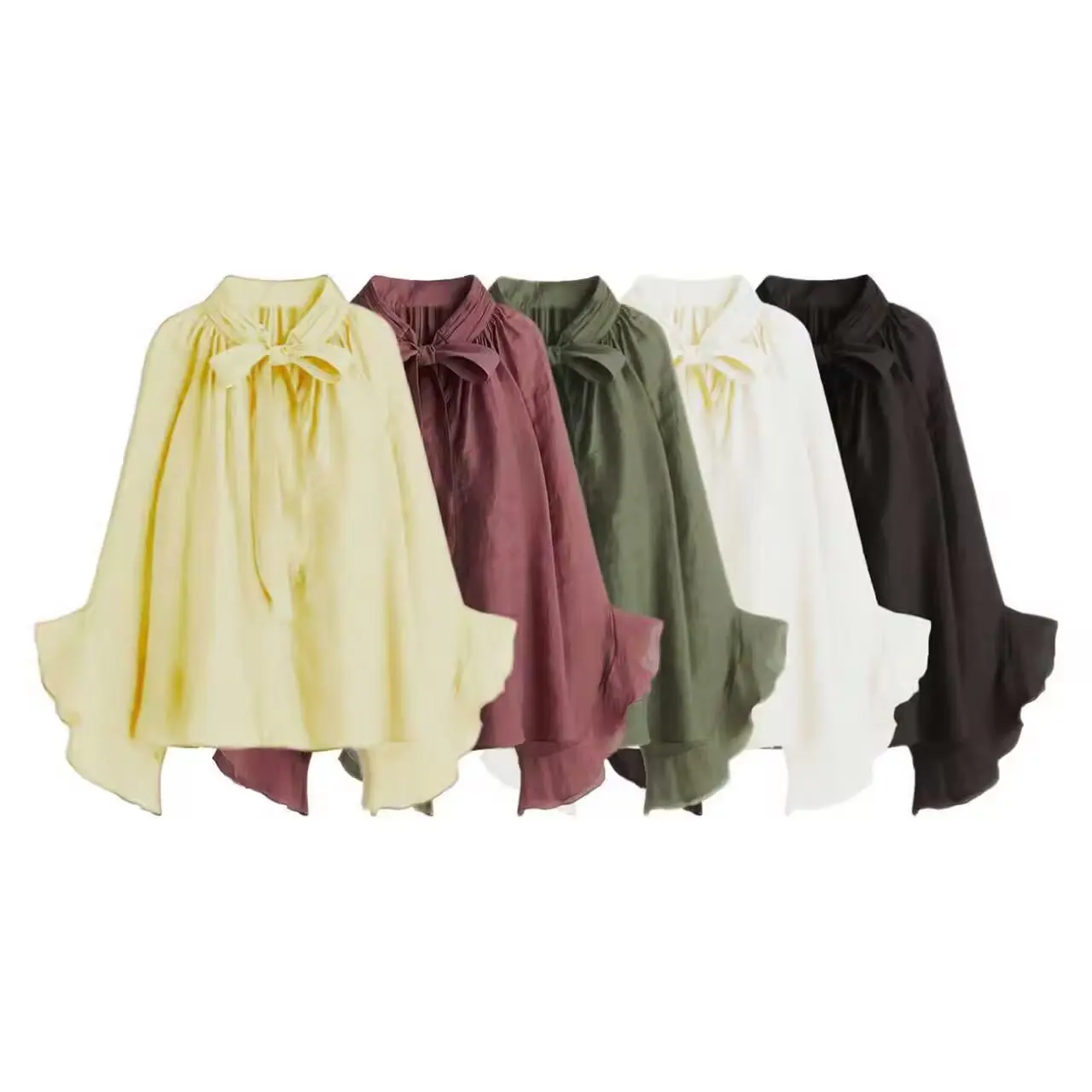 

2025 Autumn New Solid Women Shirt Bow Tied Transparent Tops Lady Fairycore Ruffle Flare Sleeve Loose Versatile Blouse