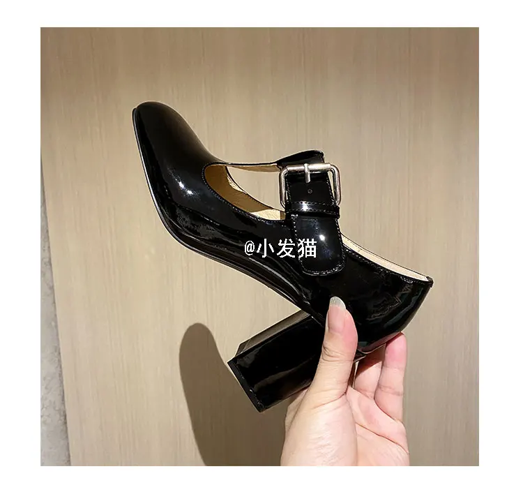 Chunky Heel Square Toe Mary Jane Schuhe 2024 Sommer neue Damen schwarz Lack leder High Heels runde Zehen Knöchel riemen Schuhe