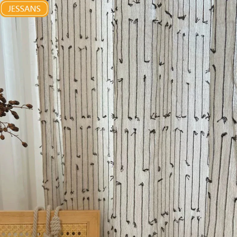 New Cotton and Linen Black Line Jacquard Thickened Window Screen Curtains for Living Room Bedroom Balcony Bay Window Customized