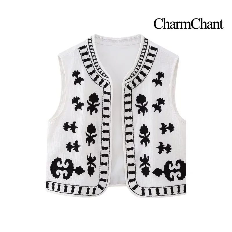 CHARMCHANT Women's Boho Embroidered Vest Open Front Cropped Street Holiday Summer 2026