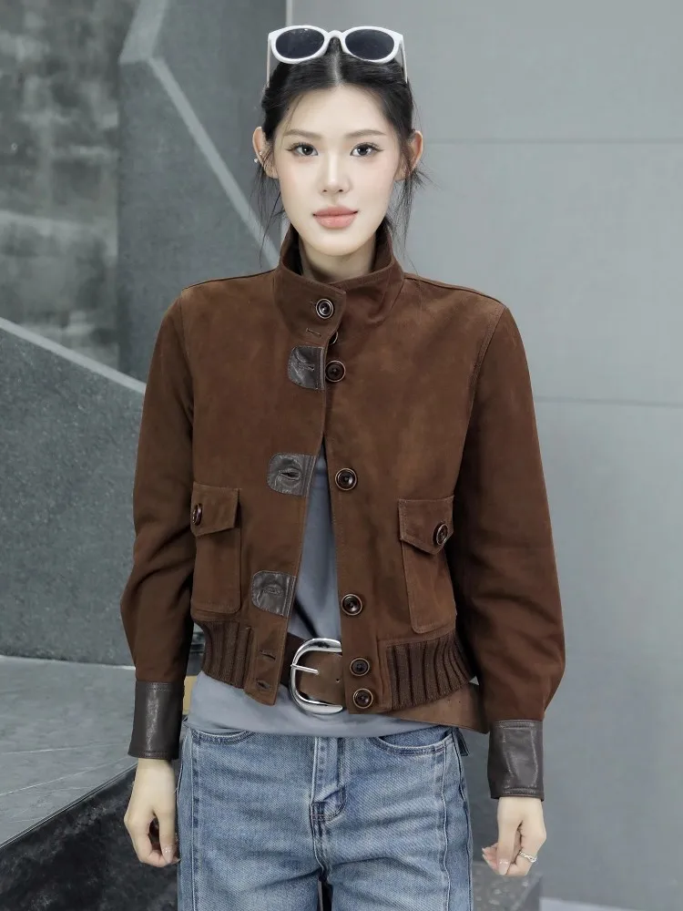 Autumn Vintage Women Single Breasted Genuine Leather Jacket Stand Collar Spliced Casual Outwear Coat Motorcycle Riding Jackets