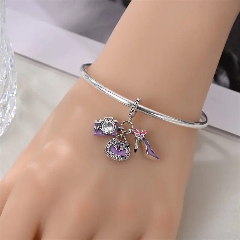 925 Sterling Silver Charms Bead CZ Zircon Purple Bag High Heels Camera Dangle Fit Original Bracelet DIY Women Jewelry Gift