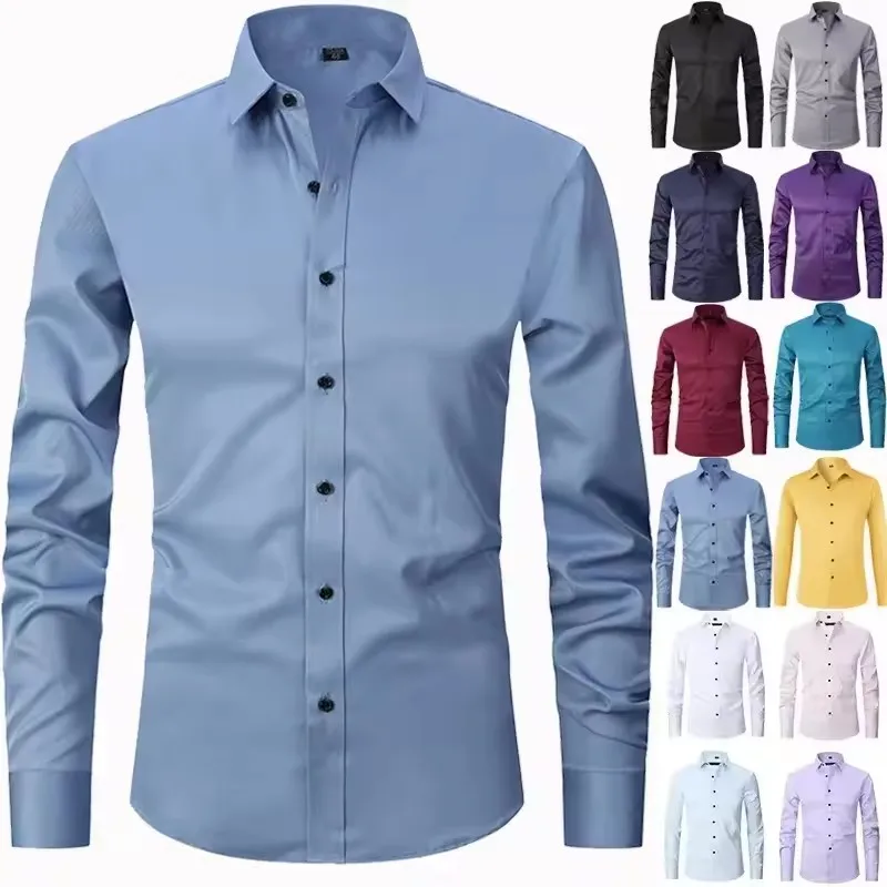 Men's long sleeved shirt, elastic, non ironing, wrinkle resistant, minimalist, business casual, silky, and traceless white shirt