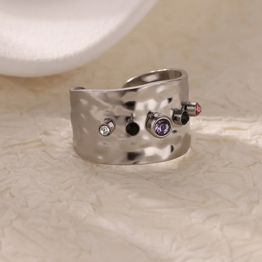 Geometric Zircon Chunky Wide Rings for Women Stainless Steel Gold Color Adjustable Ring Aesthetic Wedding Fashion Jewelry Gift