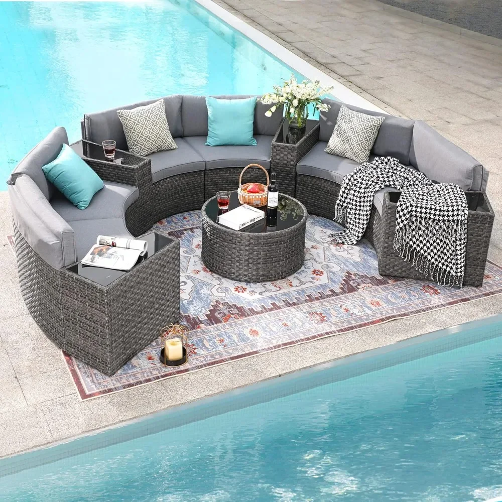 

Outdoor Patio Furniture 11-Piece Half-Moon Sectional Round Set Curved Sofa with Coffee Table Suitable for outdoor courtyard use