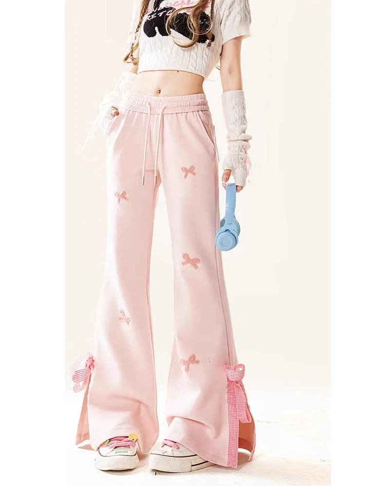 

Pink Bow Decorative Pants Spring Autumn Women's Casual Large Pockets Trouser Versatile Drawstring Split Bellbottom Trousers