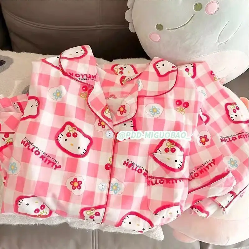 New Kawaii Hello Kittys Pajamas Female Spring Autumn Winter Sanrios Cartoon Cute Long-Sleeved Trousers Outerwear Home Clothes