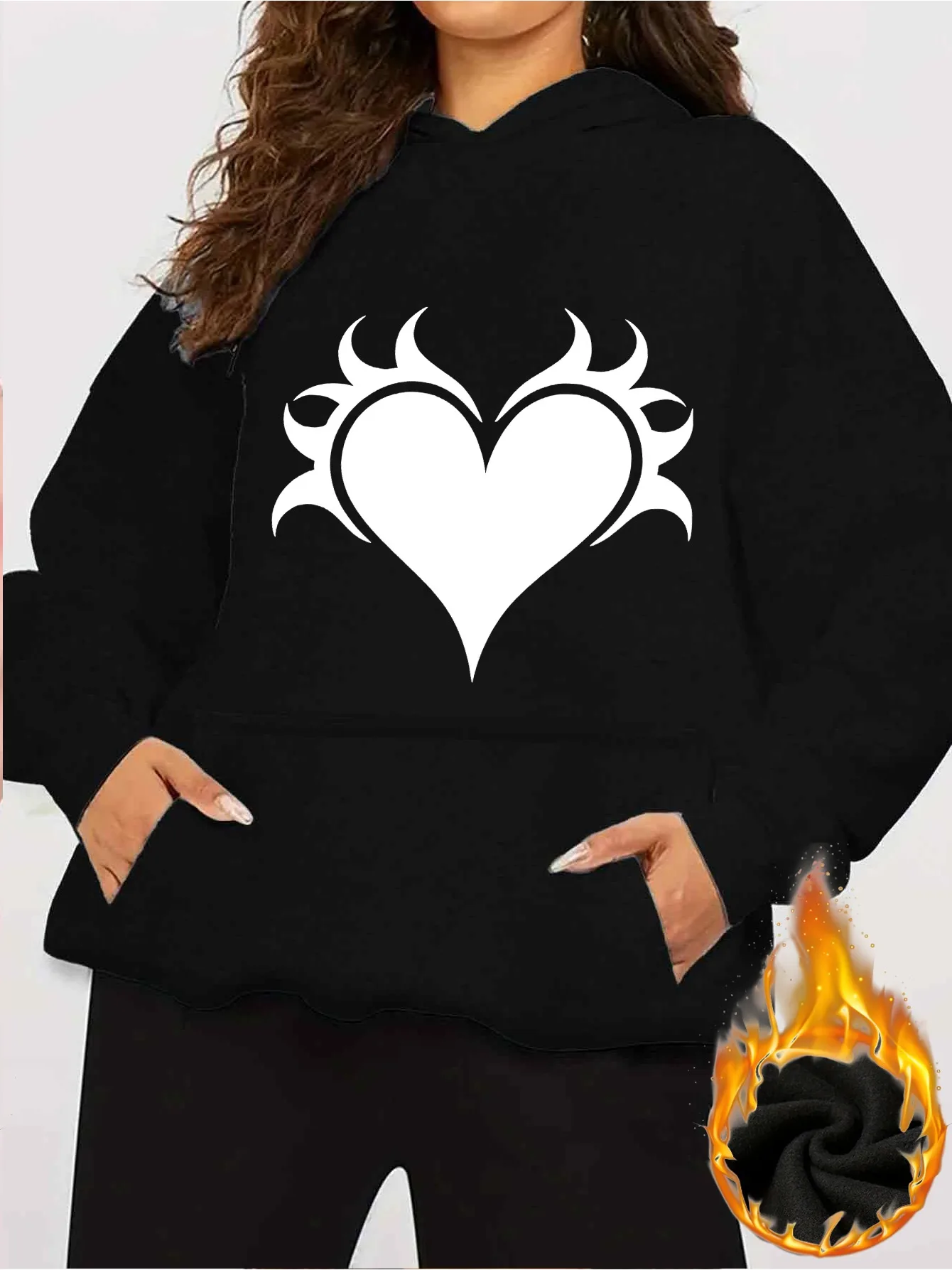 2025 Autumn and Winter Women's Flame Heart Print White Hoodie Pullover Casual Sports Print Fashion Personality Vintage Y2K Top