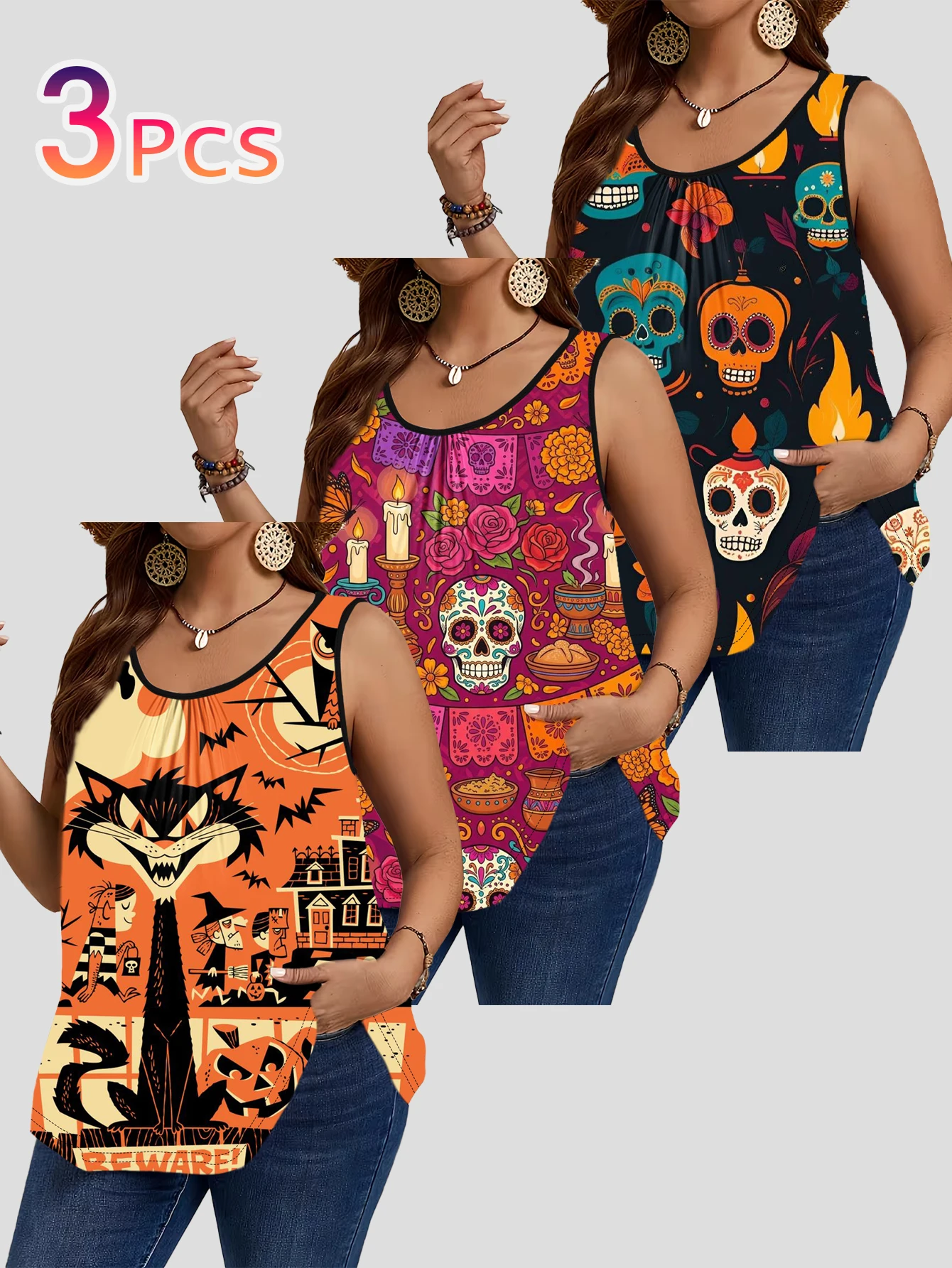 3-Piece Set of Plus-Size Sleeveless Vests with Mexican Day of the Dead Sugar Skulls, Halloween Black Cat, Pumpkin, and Witch Prints, Vintage Cartoon Dark Style Loose-Fitting Camisole Tops