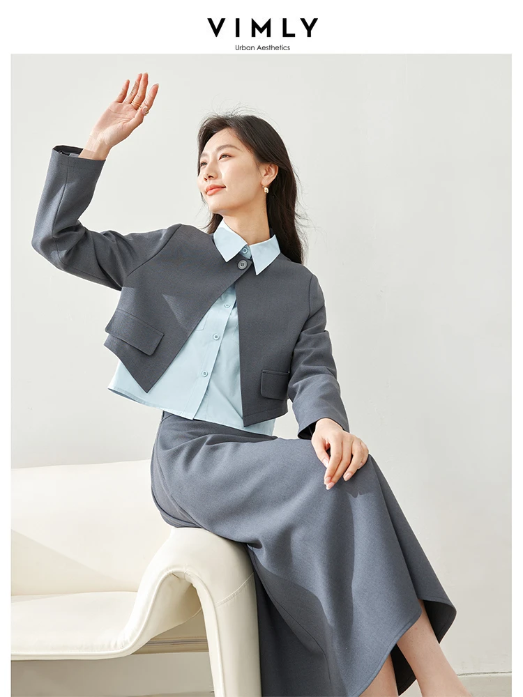 Vimly Spring Women Blazer Suit 2024 Long Sleeve Jacket Lapel Shirt Midi Skirts Three Pieces Sets New In Matching Set M5789