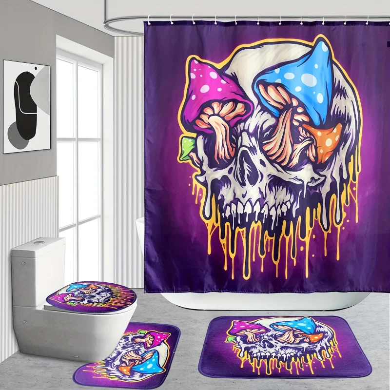 4pcs Waterproof Mushroom Skull Pattern Bathroom Set with Non-Slip Back, Shower Curtain, Lid Cover, and Toilet Mat - Decora