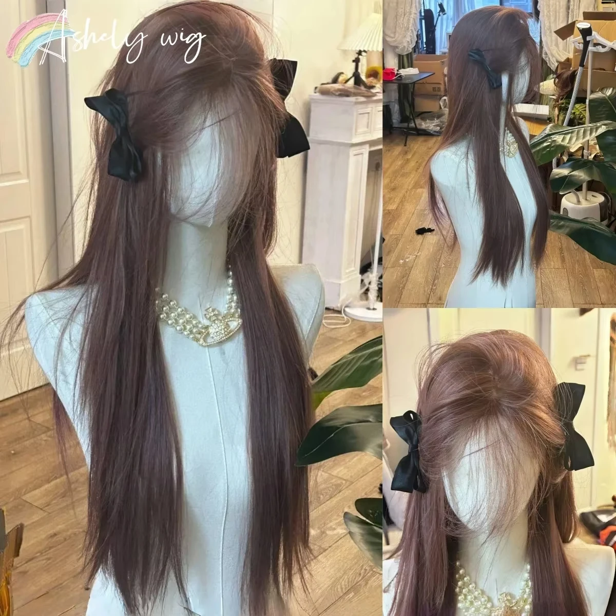 Lace Front Synthetic Wigs Pink Brown Wig Long Straight Lolita Wig Female Cosplay Heat Resistant Wig for Daily Use 가발