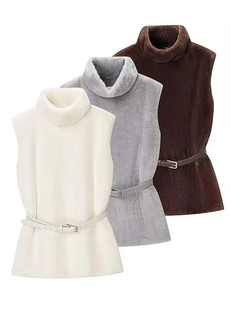 

HH женский зимний новый модный топ с высоким воротником с поясом, женский уличный темпераментный простой повседневный топ без рукавов с эффектом искусственного меха