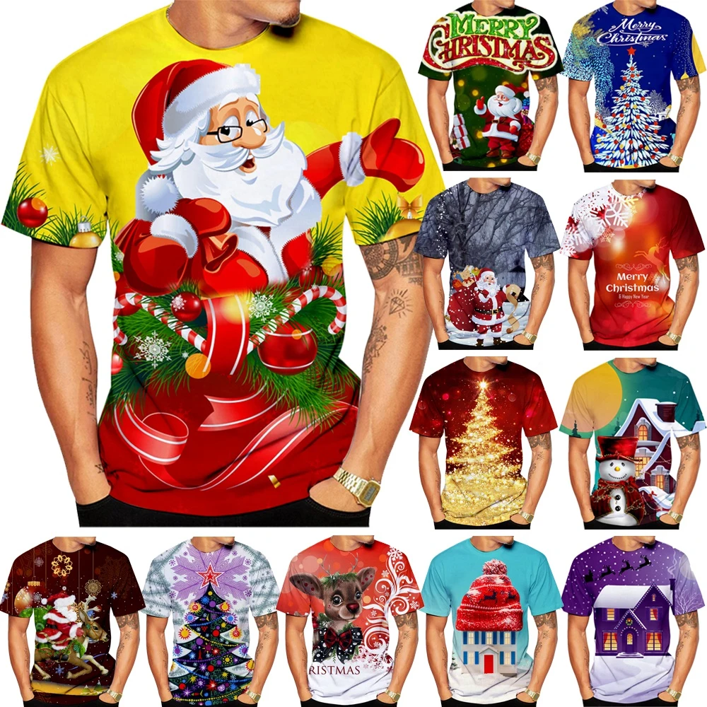 Fun Santa Claus Pattern 3D Printed Loose Round-neck T-Shirt for Men and Women for Outdoor Street Parties and Parent-Child Events
