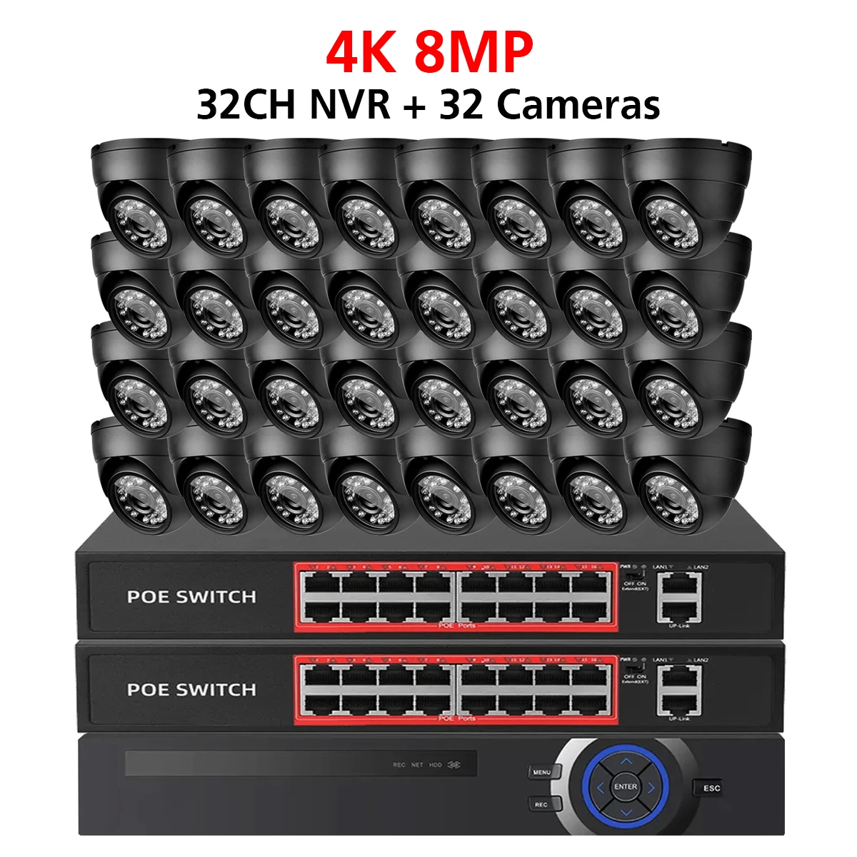 36CH 4K 8MP H.265 Waterproof Dome CCTV Security Camera System with Human Detection Indoor Outdoor PoE IP Video Surveillance Kit